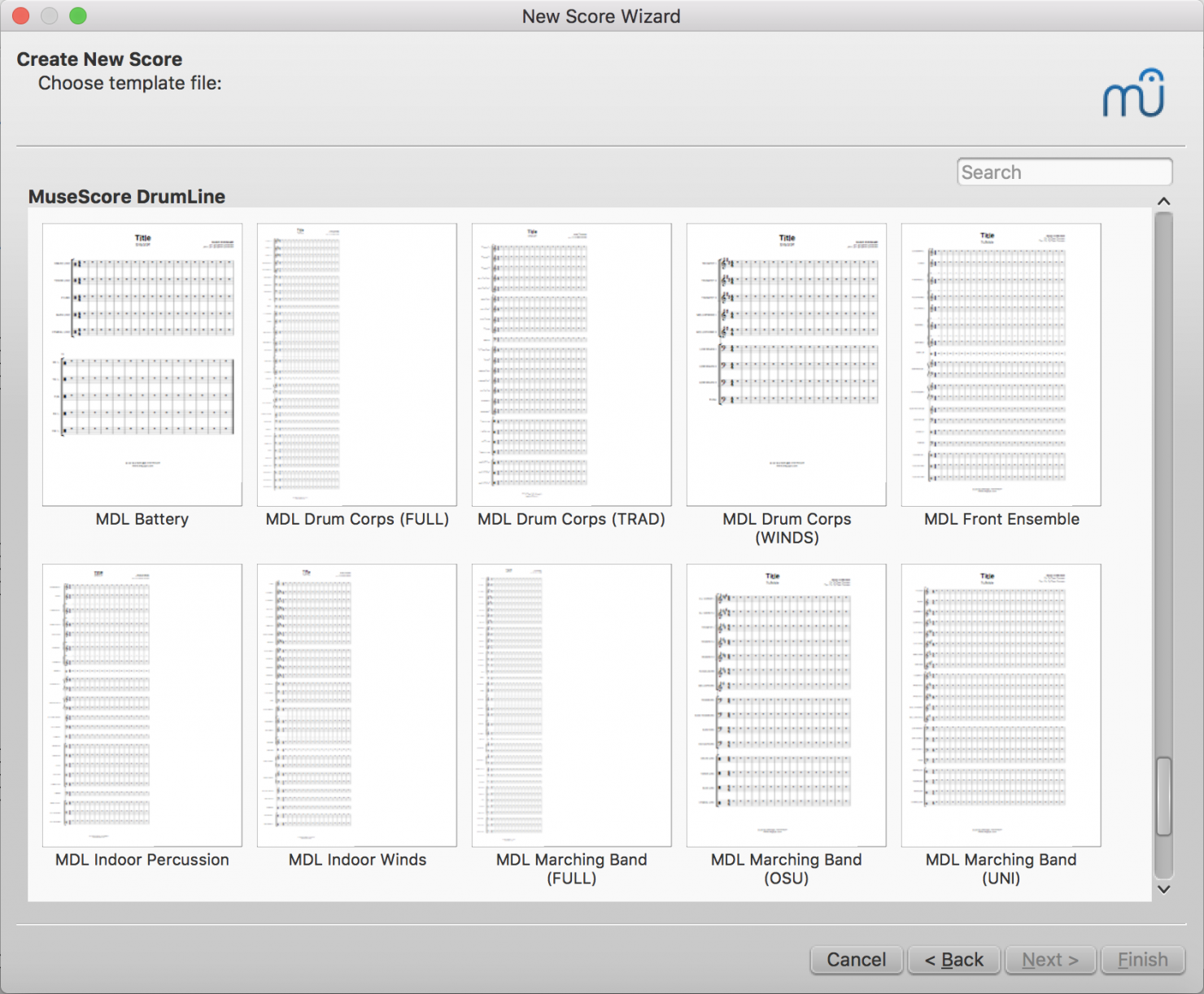 Marching Band templates in MuseScore's new score setup wizard